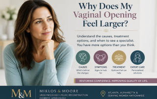 Woman consulting with a urogynecologist about a larger vaginal opening caused by childbirth, vaginal laxity, or pelvic floor changes.