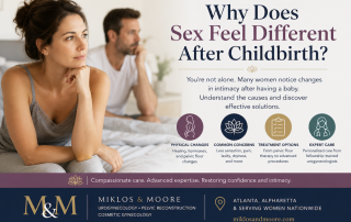 Woman consulting with a urogynecologist about changes in sexual sensation after childbirth, including vaginal laxity, pelvic floor changes, and discomfort during intercourse.