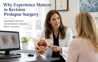 Experienced urogynecologist consulting with a patient about revision pelvic organ prolapse surgery after a previous prolapse repair.