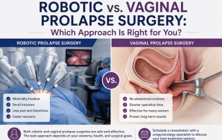 Urogynecologist explaining the differences between robotic and vaginal prolapse surgery to a patient during a pelvic floor consultation.