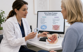 Woman discussing pessary versus surgery for pelvic organ prolapse with a urogynecologist during a treatment consultation.