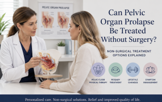 Woman discussing non-surgical treatment options for pelvic organ prolapse with a urogynecologist during a pelvic floor consultation.