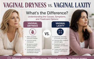 Woman discussing the differences between vaginal dryness and vaginal laxity with a urogynecologist during a women's health consultation.