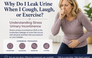 Woman discussing stress urinary incontinence with a urogynecologist after experiencing urine leakage while coughing, laughing, or exercising.