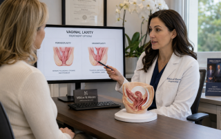 Woman consulting with a vaginal rejuvenation surgeon about gaping vaginal opening surgery after childbirth and treatment options to restore comfort and confidence.