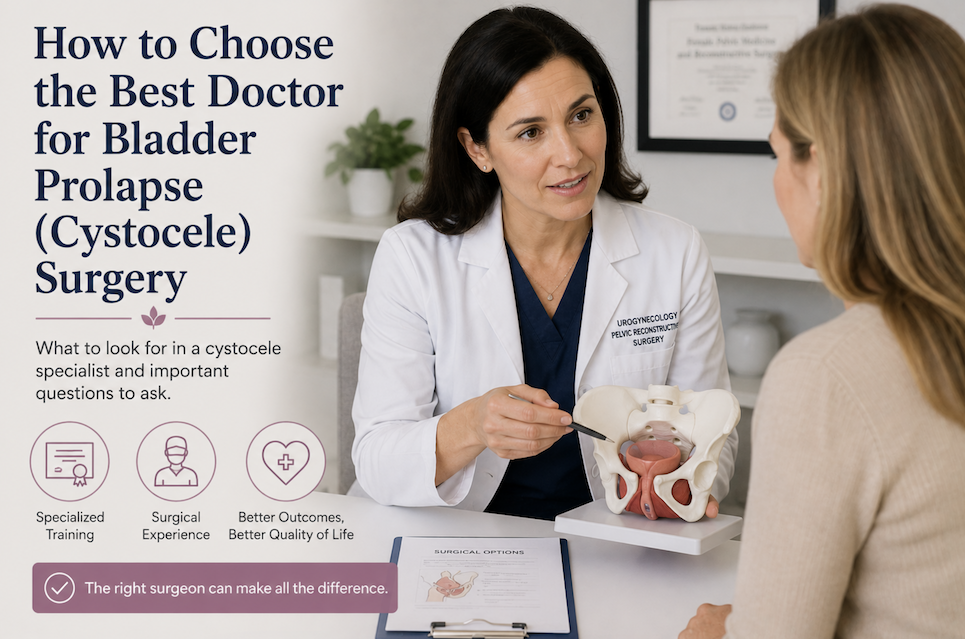 Woman consulting with an experienced urogynecologist about bladder prolapse (cystocele) surgery and how to choose the best surgeon.