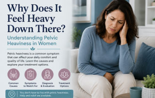 Woman experiencing pelvic heaviness and consulting with a urogynecologist about pelvic organ prolapse and pelvic floor disorders.