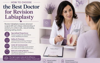 Woman consulting with an experienced revision labiaplasty surgeon about correcting the results of a previous labiaplasty procedure.
