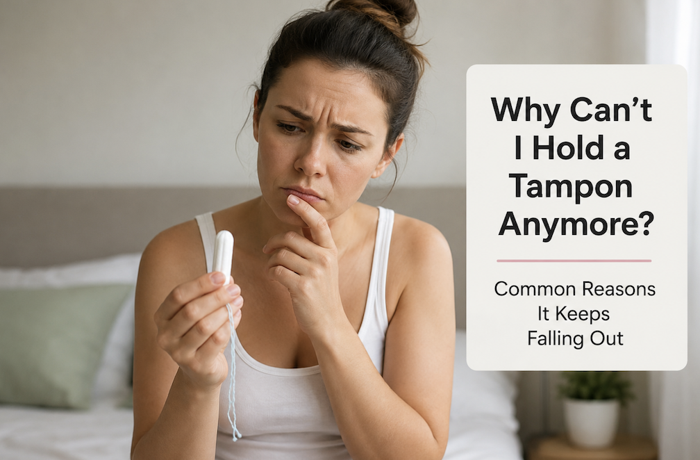 Woman wondering why her tampon keeps falling out due to possible pelvic organ prolapse or vaginal laxity.