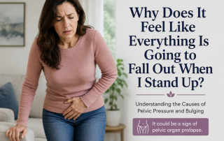 Woman experiencing a heavy vaginal bulge while standing and consulting with a urogynecologist about pelvic organ prolapse symptoms.