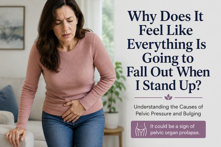 Woman experiencing a heavy vaginal bulge while standing and consulting with a urogynecologist about pelvic organ prolapse symptoms.