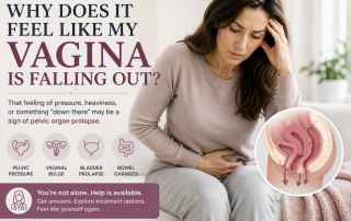 Woman experiencing the sensation that her vagina is falling out while consulting with a urogynecologist about pelvic organ prolapse symptoms.