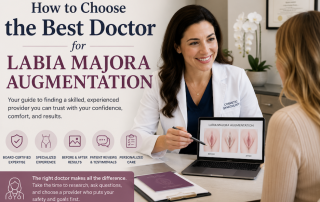 Woman consulting with an experienced cosmetic gynecologist about labia majora augmentation and how to choose the best surgeon.