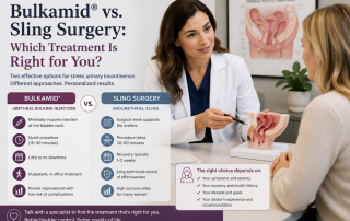 Woman consulting with a urogynecologist to compare Bulkamid injections and sling surgery for the treatment of stress urinary incontinence.