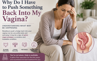 Woman consulting with a urogynecologist about having to push a vaginal bulge back inside due to pelvic organ prolapse.