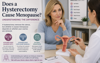 Woman learning about the relationship between hysterectomy, ovary removal, and menopause.