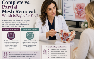Complete vs. partial mesh removal consultation with a pelvic reconstructive surgeon explaining treatment options for vaginal mesh complications.