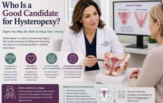 Woman consulting with a pelvic reconstructive surgeon to determine if she is a good candidate for hysteropexy, a uterus-preserving prolapse surgery.