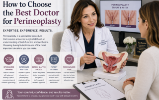 Experienced pelvic reconstructive surgeon consulting with a woman about choosing the best doctor for perineoplasty.