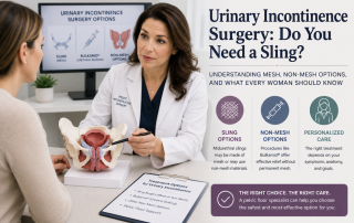 Pelvic floor specialist explaining urinary incontinence surgery, including sling, mesh, and non-mesh treatment options.
