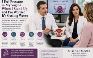 Dr. John Miklos and Dr. Robert Moore consulting with a woman experiencing vaginal pressure when standing, a possible symptom of pelvic organ prolapse.