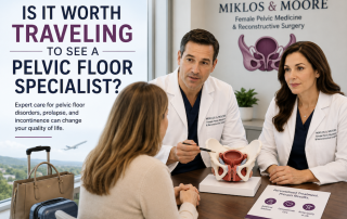 Woman traveling to consult with Dr. John Miklos and Dr. Robert Moore, experienced pelvic floor specialists, for evaluation and treatment options.