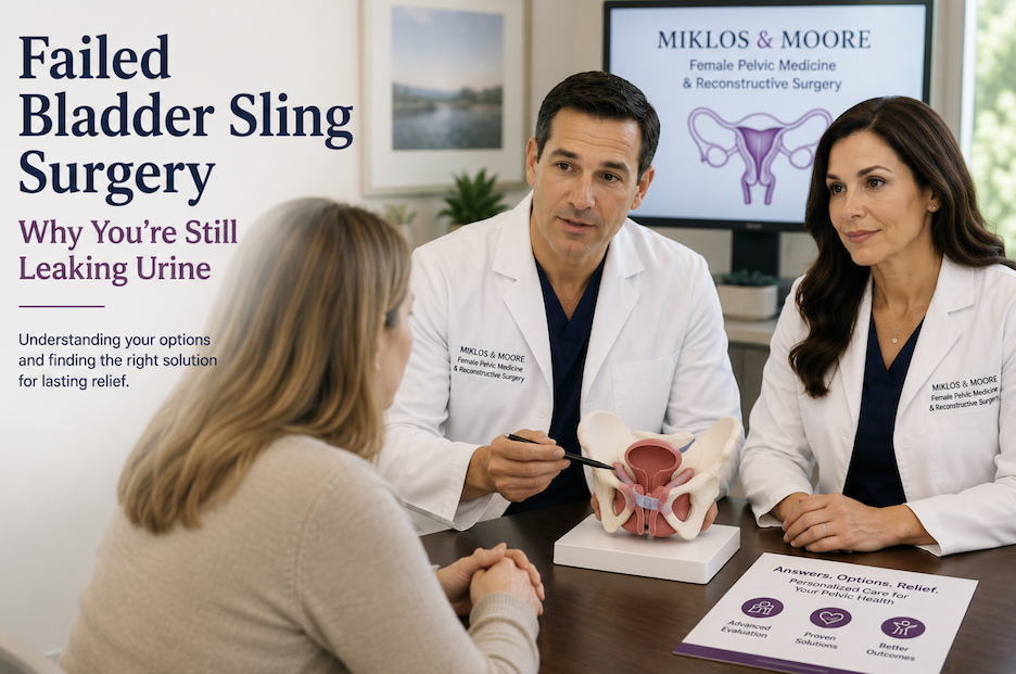 Woman consulting with Dr. John Miklos and Dr. Robert Moore after failed bladder sling surgery for persistent urinary incontinence.