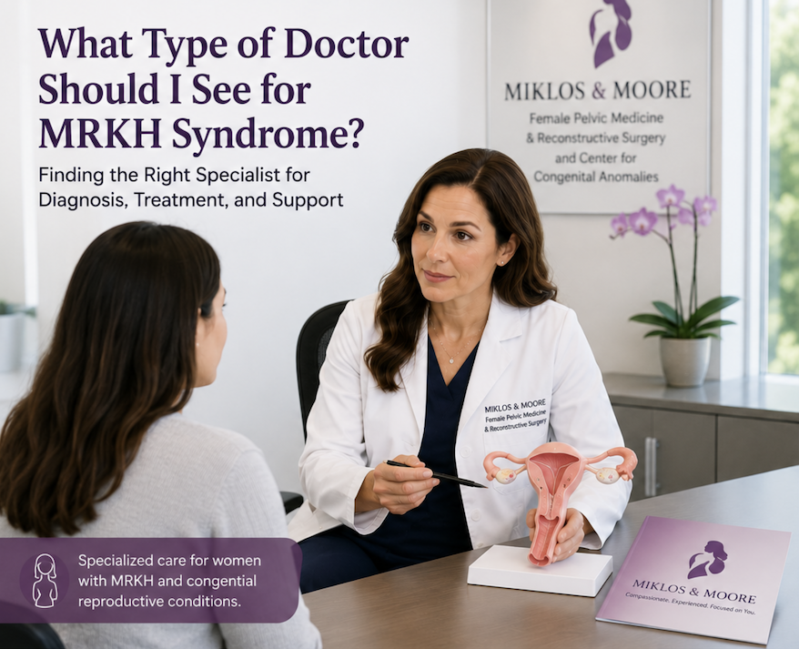 Woman consulting with Dr. John Miklos and Dr. Robert Moore about diagnosis and treatment options for MRKH syndrome.