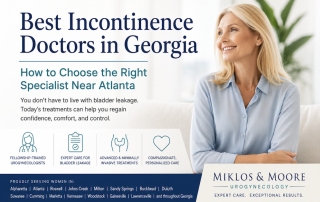 Woman learning how to choose the best incontinence doctor in Georgia for bladder leakage, overactive bladder, and urinary incontinence treatment near Atlanta.