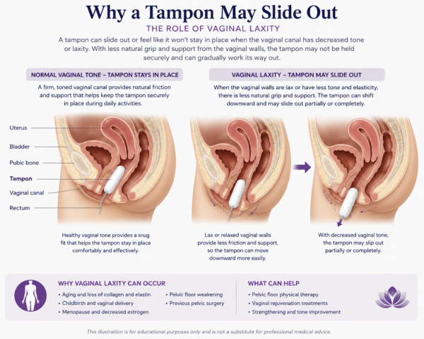 Medical illustration showing how vaginal laxity may contribute to a tampon sliding out