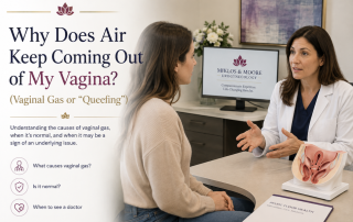 Woman discussing vaginal gas (queefing) and pelvic floor symptoms with a fellowship-trained urogynecologist at Miklos & Moore Urogynecology.