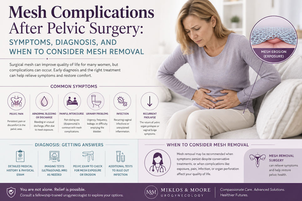 Medical illustration showing mesh complications after pelvic surgery, common symptoms, diagnosis, and mesh removal treatment options.