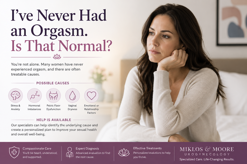 Woman concerned about never having an orgasm while learning about female anorgasmia, common causes, and available treatment options.