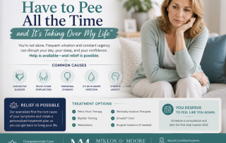 Woman experiencing frequent urination, urinary urgency, and overactive bladder symptoms while learning about treatment options.