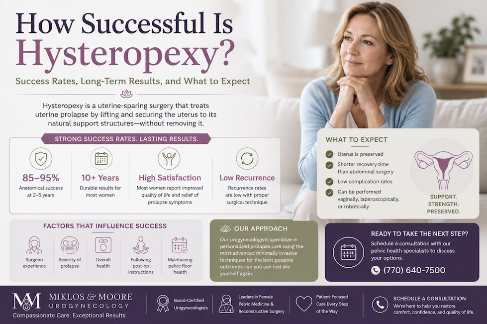 Woman learning about hysteropexy success rates, long-term results, and uterine-sparing prolapse surgery.