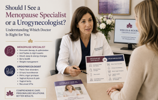 Woman discussing menopause symptoms and pelvic floor concerns with a fellowship-trained urogynecologist at Miklos & Moore Urogynecology.