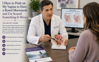 Woman discussing rectocele, vaginal splinting, and difficulty having bowel movements with a fellowship-trained urogynecologist at Miklos & Moore Urogynecology.