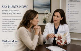 Woman discussing painful intercourse (dyspareunia) with a fellowship-trained urogynecologist at Miklos & Moore Urogynecology.