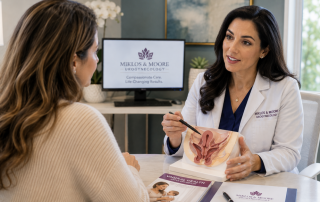 Woman discussing vaginal changes after childbirth with a fellowship-trained urogynecologist at Miklos & Moore Urogynecology.