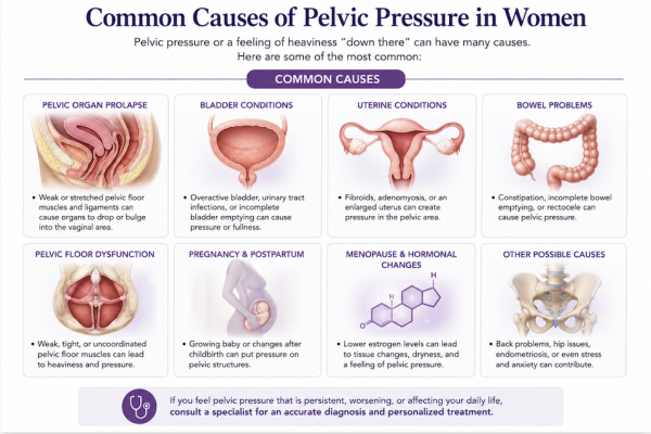Medical illustration showing common causes of pelvic pressure in women including pelvic organ prolapse and pelvic floor dysfunction