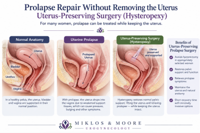 Medical illustration comparing uterine prolapse with uterus-preserving prolapse surgery using hysteropexy