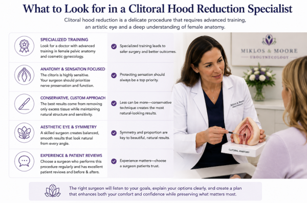 Medical infographic explaining what to look for when choosing a clitoral hood reduction specialist