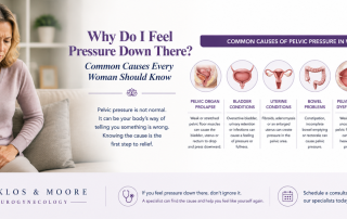 Woman experiencing pelvic pressure with common causes including pelvic organ prolapse and pelvic floor disorders